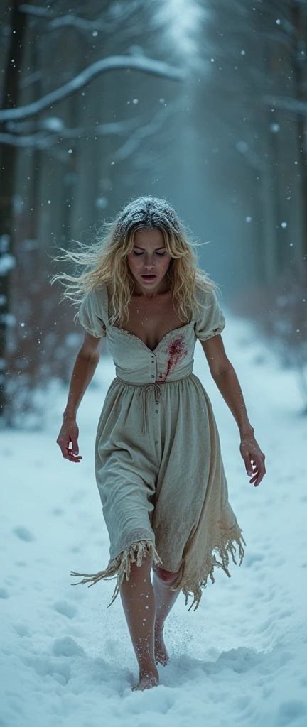 (((masterpiece))), (((Highest quality))), ((Very detailed)), (photograph), (photo:1.2) of a Russian gorgeous elder 50 years old running through the forest through snowdrifts, bare footed, Blondish, Medium-length hair without styling, Snow on wet hair, torn, Dirty, Bloodstained Short Long Sleeve Dress, Bracelet on the left wrist, necklace around the neck, His skin was covered with goosebumps, ((its snowing)), Running through a snowy forest barefoot in deep snow (The snow is almost knee-deep) In the middle of a winter forest, Looking Ahead, Snowy Wild Forest, It's cold, snowing, (run away quickly), ((frightened and distressed face:1.5)), Freezes, Lips turn blue, Thin body, shapely legs, steam from the mouth, stunned, frightened look, Deep Snow, Snowflakes fall, The elder body turns red, Cold, teardrops, hysterics, dread, The dress is torn, bruises, abrasions and bruises on the legs and face, (top_view_perspective:1.3), ((realistic hands)), (view from afar:1.5). intricate details, shimmering, sparkling, iridescent, mesmerizing, dreamlike, ethereal, cinematic lighting, dramatic shadows, vibrant colors, soft focus, hyper realistic, masterpiece. [Entire scene is surrounded by mist, evoking a mysterious and eerie atmosphere. The lighting is dark and atmospheric, with smoke and fog adding a touch of sinister ambiance. Best quality image, HDR enhancement, showcasing the utmost level of detail and realism]. [8K, Best Quality, Ultra High Resolution, (highly detailed CG unity 8k wallpaper), (best photo), (best shadows), isometric 3D, octane rendering, ray tracing, highly detailed, (Best quality, 4K, 8k:1.2), absurdity, ultra detailed, (realistic, photorealistic, photorealistic:1.37), complex parts, HDR, (complex parts:1.12), (hyper detailed, hyper realistic, Soft lighting, spicy:1.2), (complex parts, Hyper detailed:1.15). Blurred foreground. (backlit), masterpiece, high quality, brightness, chromatic aberration, foggy smoke, shadows, contrast, (warm hue, warm tone), high detail