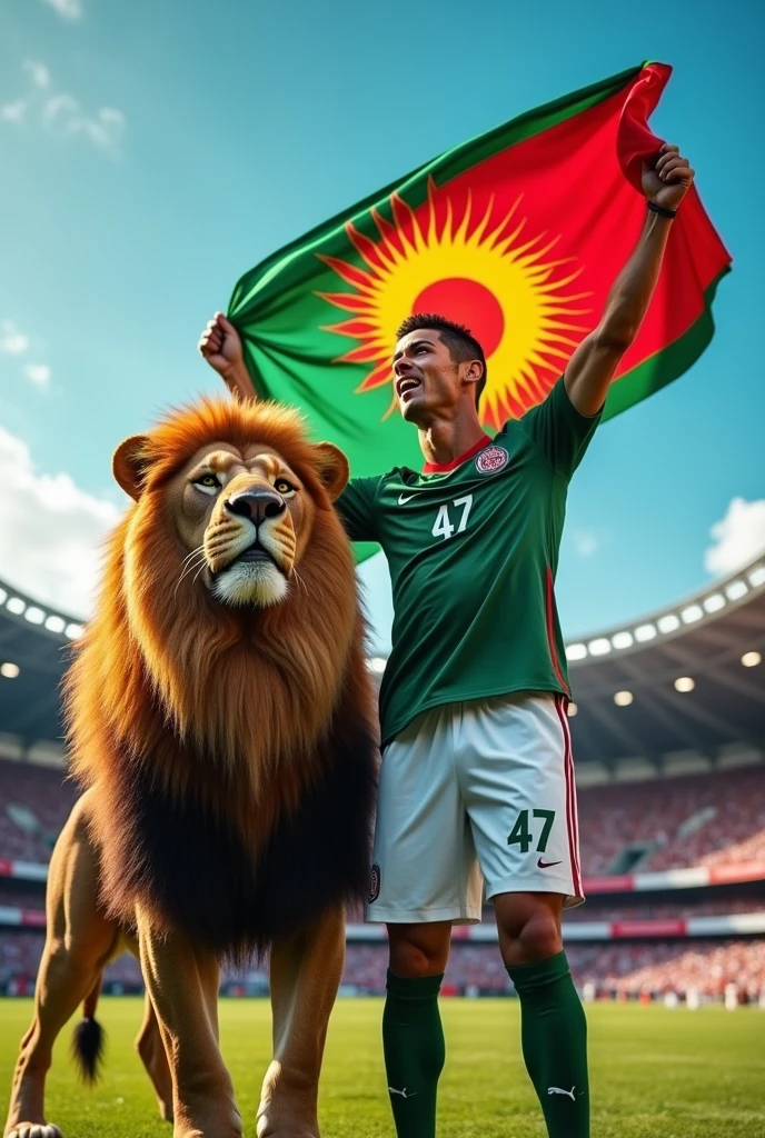 draw a picture that includes footballer Cristiano Ronaldo and a lion with colour of red, yellow and green. Kurdistan Federal Govermant's flag will be on hands of Ronaldo. Ronaldo's number will be 47.