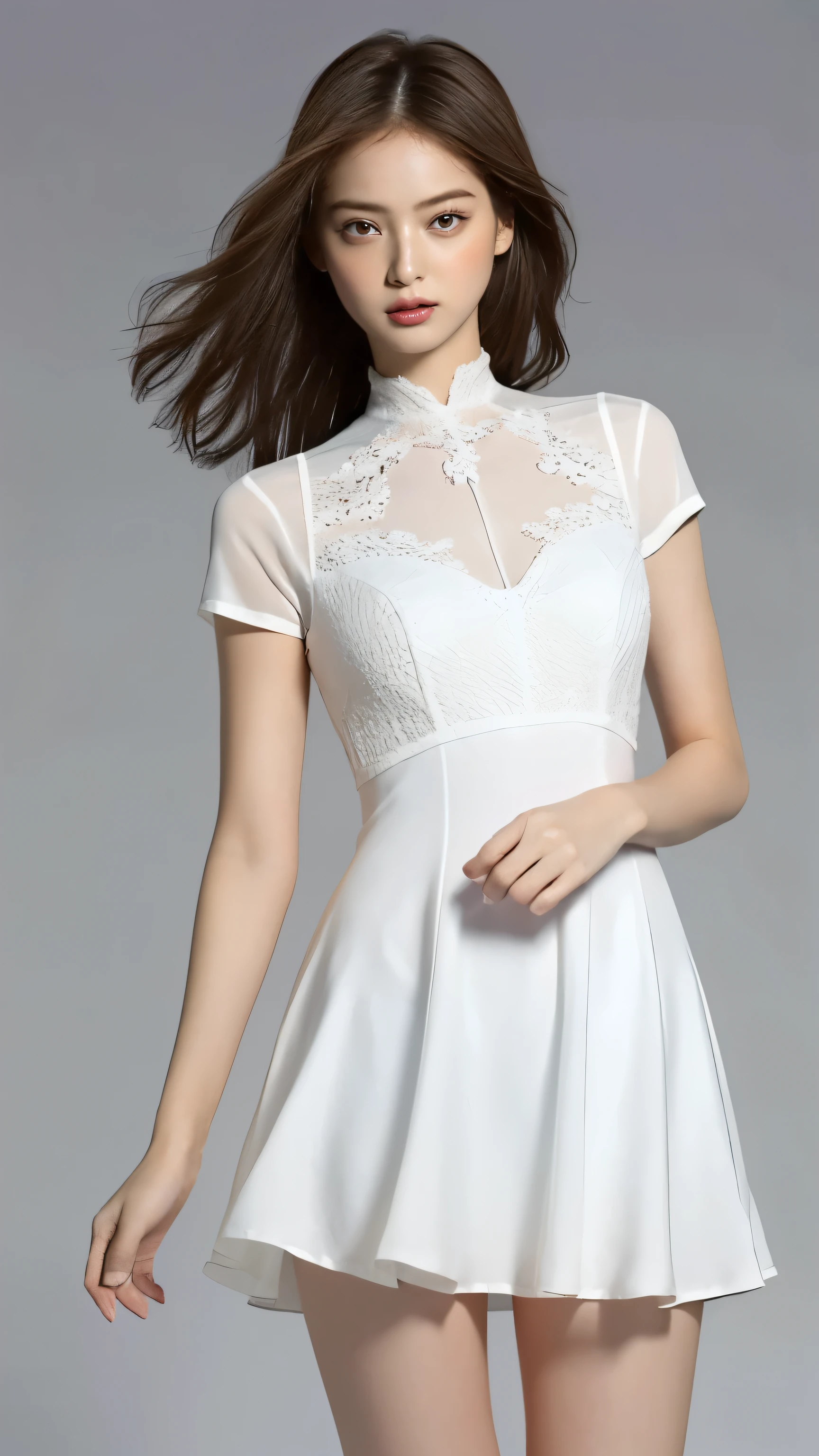 Highest quality,masterpiece,Ultra-high resolution,(Actual:1.4),Original photo,Ultra-high resolution，8K，There are also women，Fair skin、Transparent short-sleeved one-piece white dress
Long legs:1.5，Bright and beautiful，high waist，Flashy makeup，Gray background，
