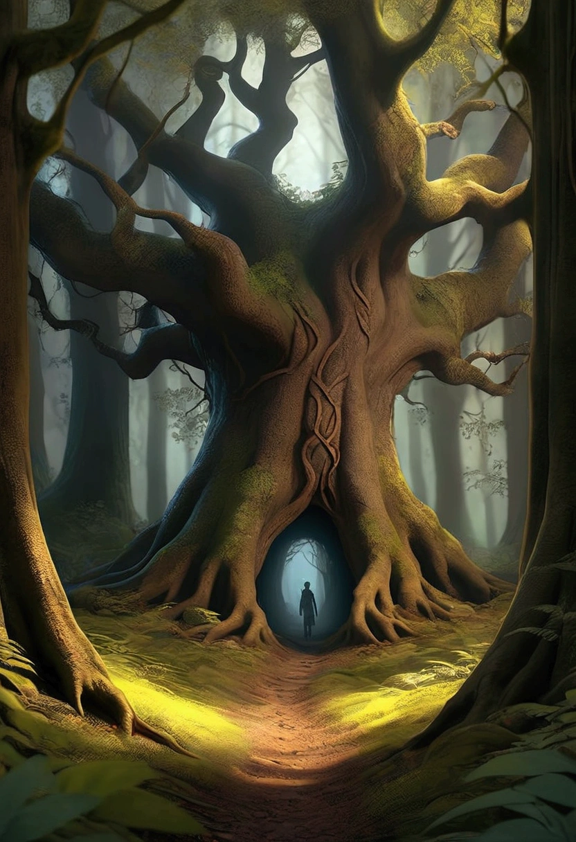 A  named Arka was walking in the middle of a magical forest. Big, tall trees with softly shining leaves. A mystical light flickered around, and the forest feels calm but full of mystery. Suddenly, dark shadows began to lurk from behind the trees, giving the impression of a frightening threat.