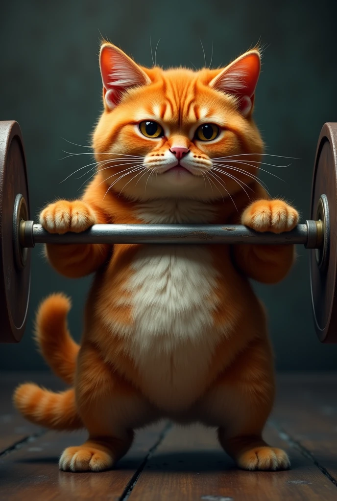 a sad chubby red cat lifting a barbell, hyperrealistic, detailed fur, expressive eyes, dramatic lighting, moody atmosphere, muscular body