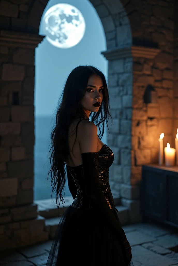  woman  goth corset  castle tower ass