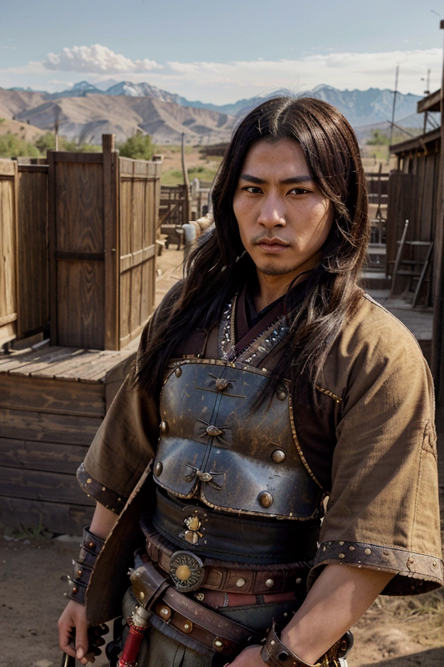 "In a dusty American Wild West town, a teenage Oda Nobunaga dressed as a cowboy with samurai elements confidently faces off against outlaws. The scene features wooden saloons, horses, and mountains in the background. Nobunaga wears a combination of samurai armor and cowboy gear while holding a revolver and giving strategic orders."