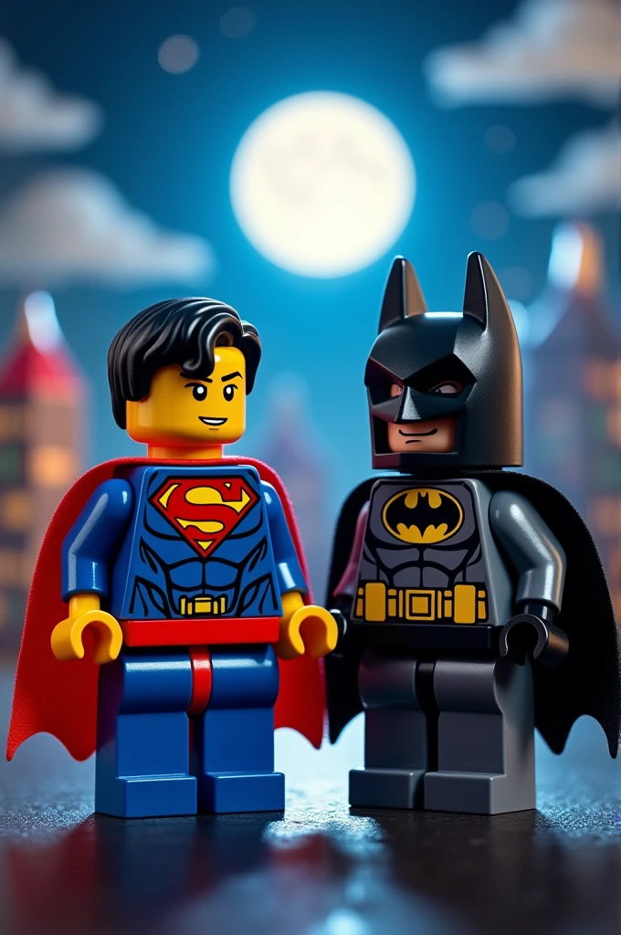 Superman and Batman in lego art, night