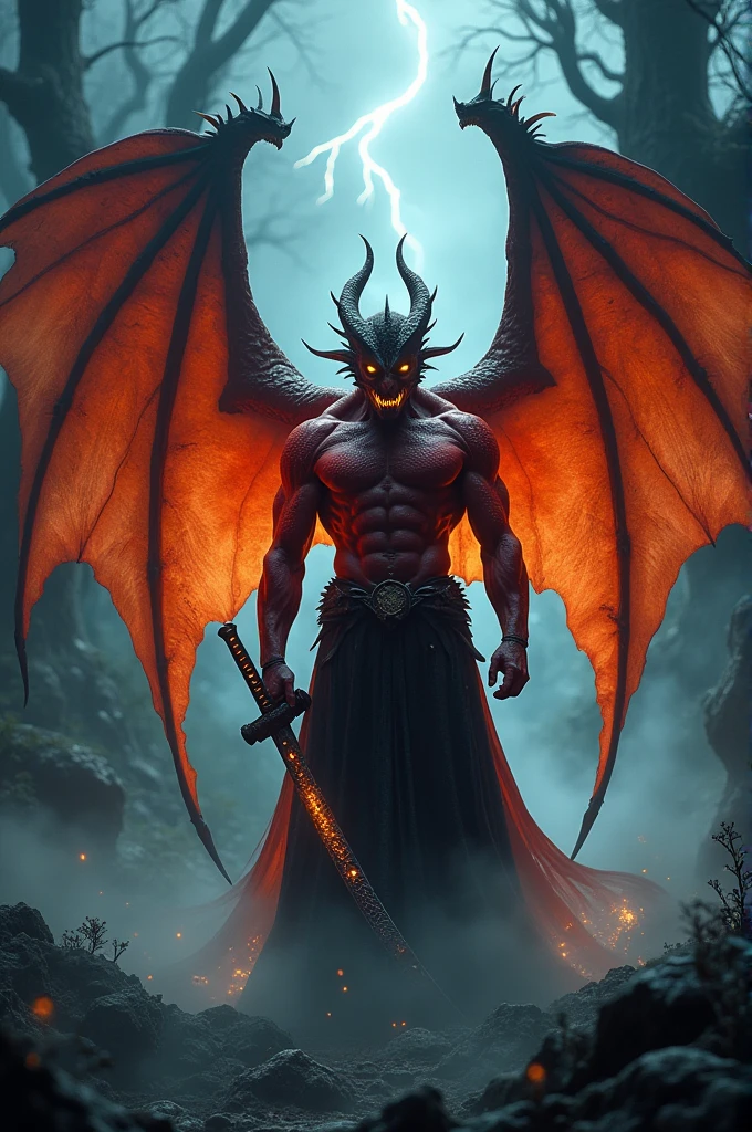 Human with demonic features and dragon wings with a katana around his waist