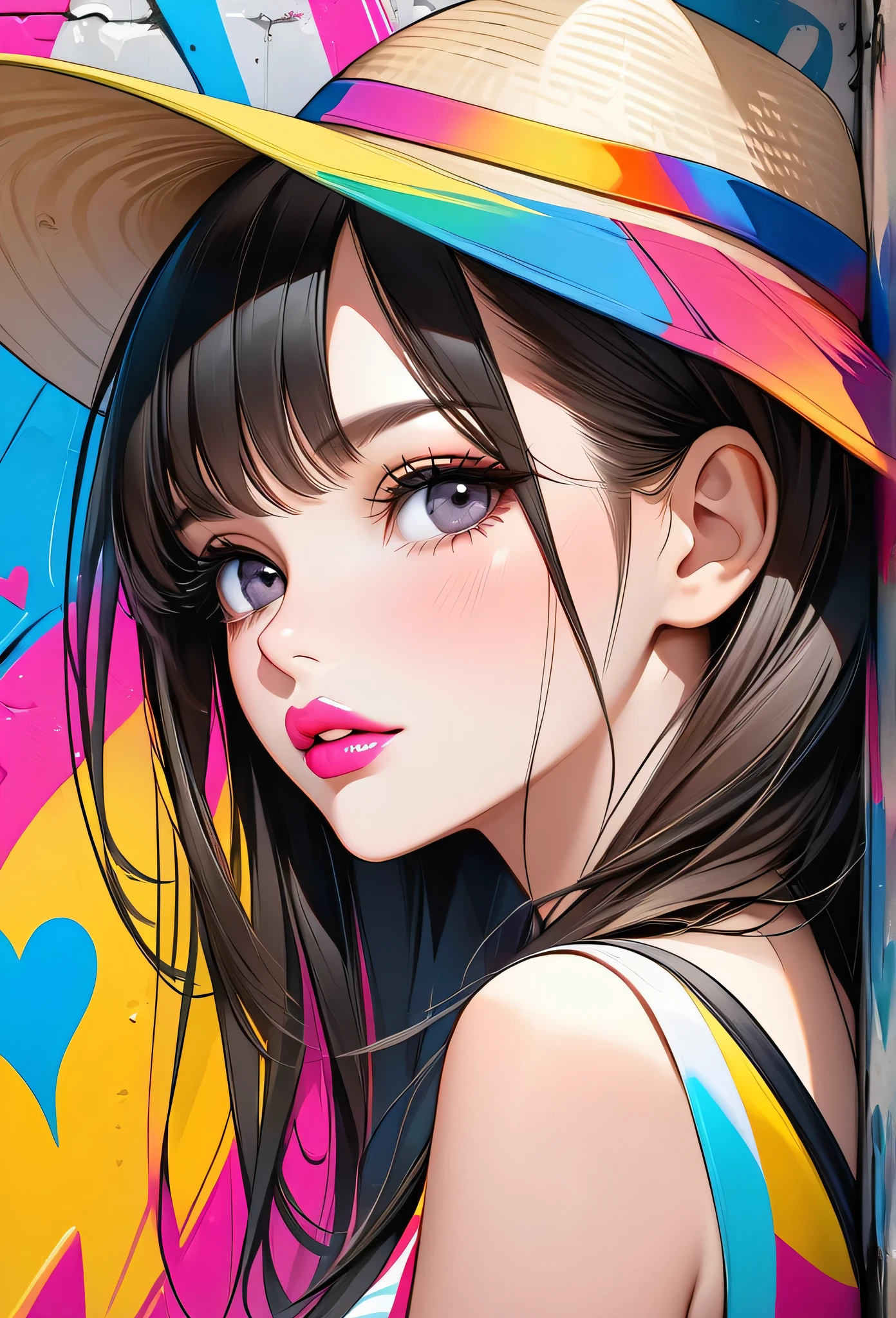 Ultra-realism Micho colorful style, Simple Line Initialism，Abstract art，(((The most beautiful girl of all time))), Sweet face. Lips in love, colorful hearts, stylish design, Summer beach fashion, Dark Eyes, Graffiti on the wall