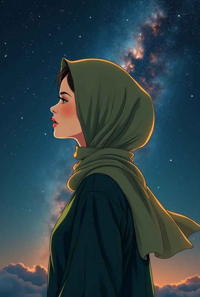 manga style, arabic woman with green kaki hijab, no smile, eyes closed, no hair, dark galaxy background, dark brightness, no teeth, profile picture, no makeup 