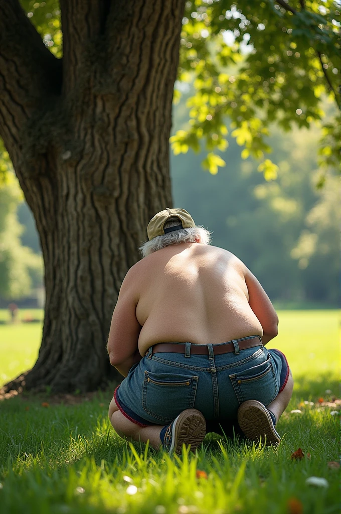 A rear shot of Chubby Grandpa peeing on the tree. (((The background below the text says When you gotta go you gotta go!)))