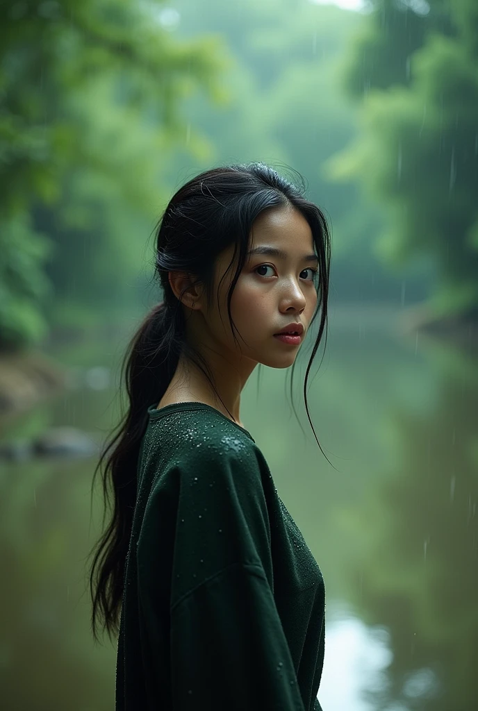 (skinny beautiful asian female, 19 years old), surprised expression, not looking at the camera, standing beside a mekong river, gentle rain falling, lush green trees blurred in the background, serene and tranquil atmosphere, dark cool tones enhancing the rainy mood, soft lighting creating a reflective ambiance,snap by film camera kodak tone,have a noise gain ,detailed droplets on his clothes, nature's calmness enveloping the scene, high quality (ultra-detailed).