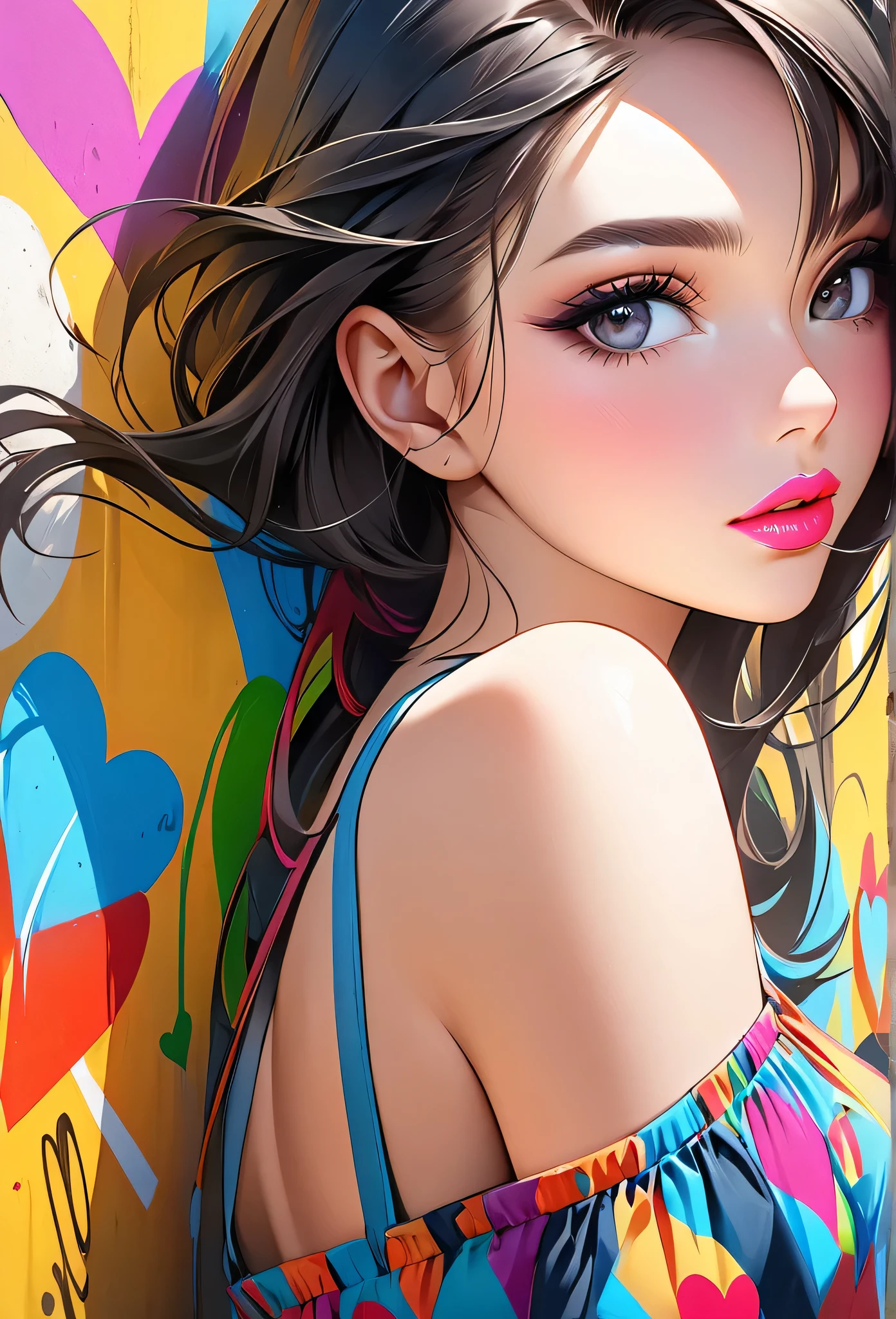 Ultra-realism Micho colorful style, Simple Line Initialism，Abstract art，(((The most beautiful girl of all time))), Sweet face. Lips in love, colorful hearts, stylish design, Summer beach fashion, Dark Eyes, Graffiti on the wall
