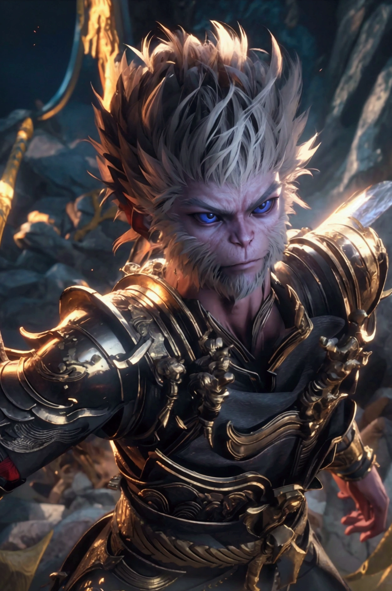 Sun Wukong bard, 3D style face, fierce eyes, holding a golden and red long stick in his hand, wearing Chinese ancient costume armor, epic scene, dark fantasy style, holographic light and shadow, holographic halo, rich background, photo realistic photo, Hyperrealistic, Effects Rich, 3D Art, OC Renderer Rendering, Extremely Fine Detail, Detailed Description, Unreal Engine, Front View, Full Body Shot, Natural Light, Good Viewing angle, 8K, Realistic Details, Ultra HD