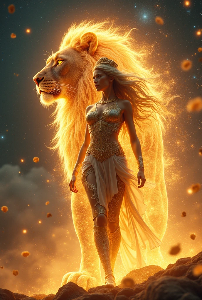 Leo, a female goddess, emits a golden light (divine radiance) all over her body. She is a female god of war, with a male lion composed of a golden galaxy in the background. She is a beautiful and seductive goddess,4K