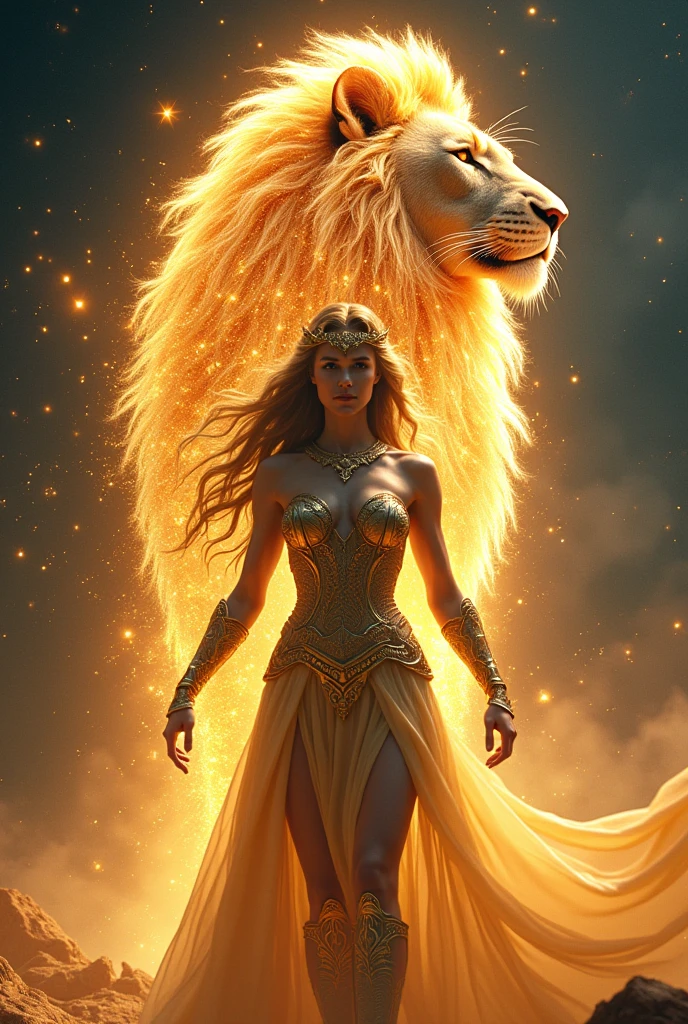Leo, a female goddess, emits a golden light (divine radiance) all over her body. She is a female god of war, with a male lion composed of a golden galaxy in the background. She is a beautiful and seductive goddess,4K