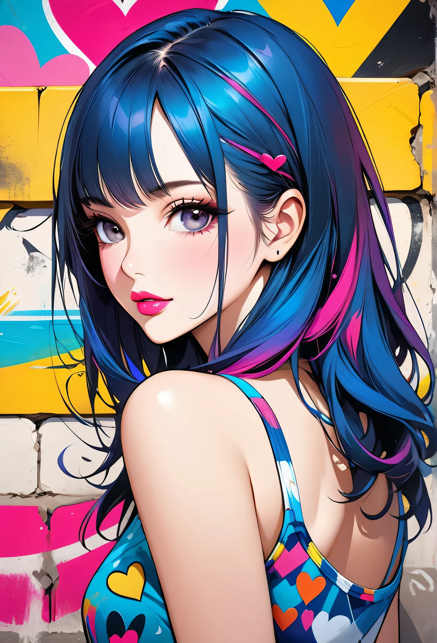 Ultra-realism Micho colorful style, Simple Line Initialism,Abstract art,(((The most beautiful girl of all time))), Sweet face. Lips in love, colorful hearts, stylish design, Summer beach fashion, Dark Eyes, Graffiti on the wall