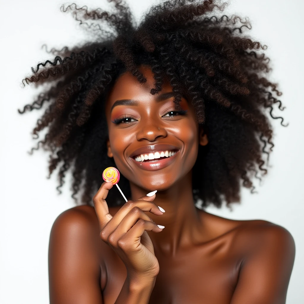 Sexy black model, smile, portrait, pose, lollipop, plain white background, studio shoot