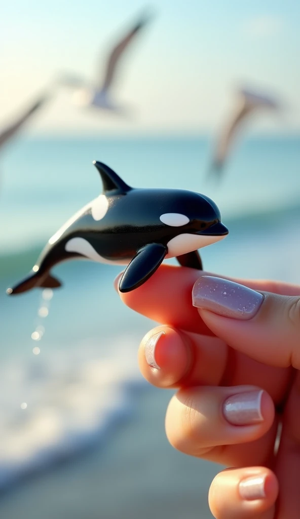 Photorealistic, 64k, A micro baby orca perched on a human perfect finger