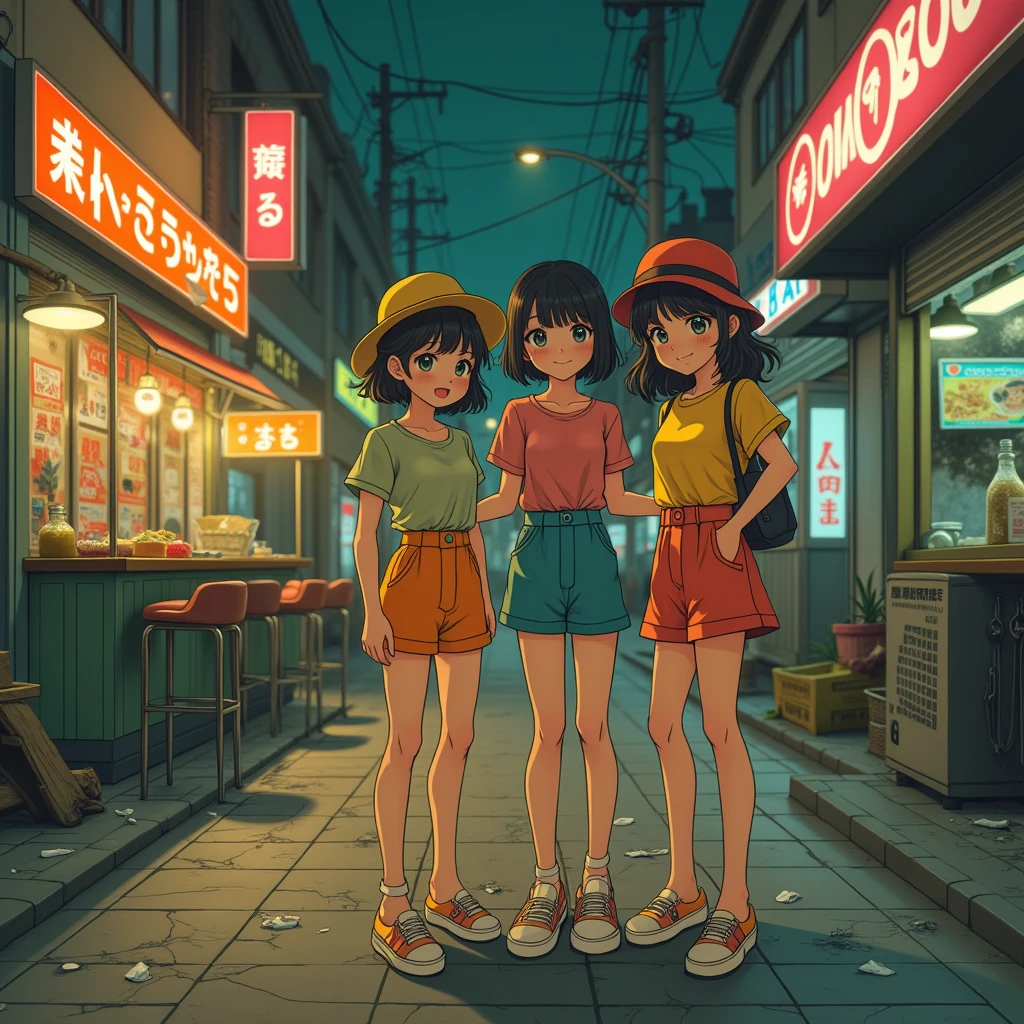 ((masterpiece、Highest quality))、Beautiful girls gather.、Three girls in summer clothes、clothes、(Showa Retro:1.2)、(Detailed and cute face:1.3)、(Poor conditions、Japan's poor neighborhoods、Dim and unsanitary、Standing Bar、みんなで楽しくdiet、Crumbling shopping mall)、屋台のdiet店、stage、sewage、Dirty shop、street vendors、Unsanitary and abandoned city、smile、diet、Poor person々