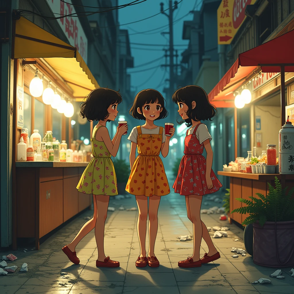 ((masterpiece、Highest quality))、Beautiful girls gather.、Three girls in summer clothes、clothes、(Showa Retro:1.2)、(Detailed and cute face:1.3)、(Poor conditions、Japan's poor neighborhoods、Dim and unsanitary、Standing Bar、みんなで楽しくdiet、Crumbling shopping mall)、屋台のdiet店、stage、sewage、Dirty shop、street vendors、Unsanitary and abandoned city、smile、diet、Poor person々