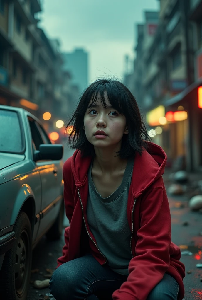 "A movie poster for 'Zombie Apocalypse: The End of the World,' featuring a 20-year-old woman in a red hoodie and a gray T-shirt with a pocket, hiding beside a car with a terrified expression as zombies walk past. The setting is Bangkok, with dead bodies scattered on the streets."