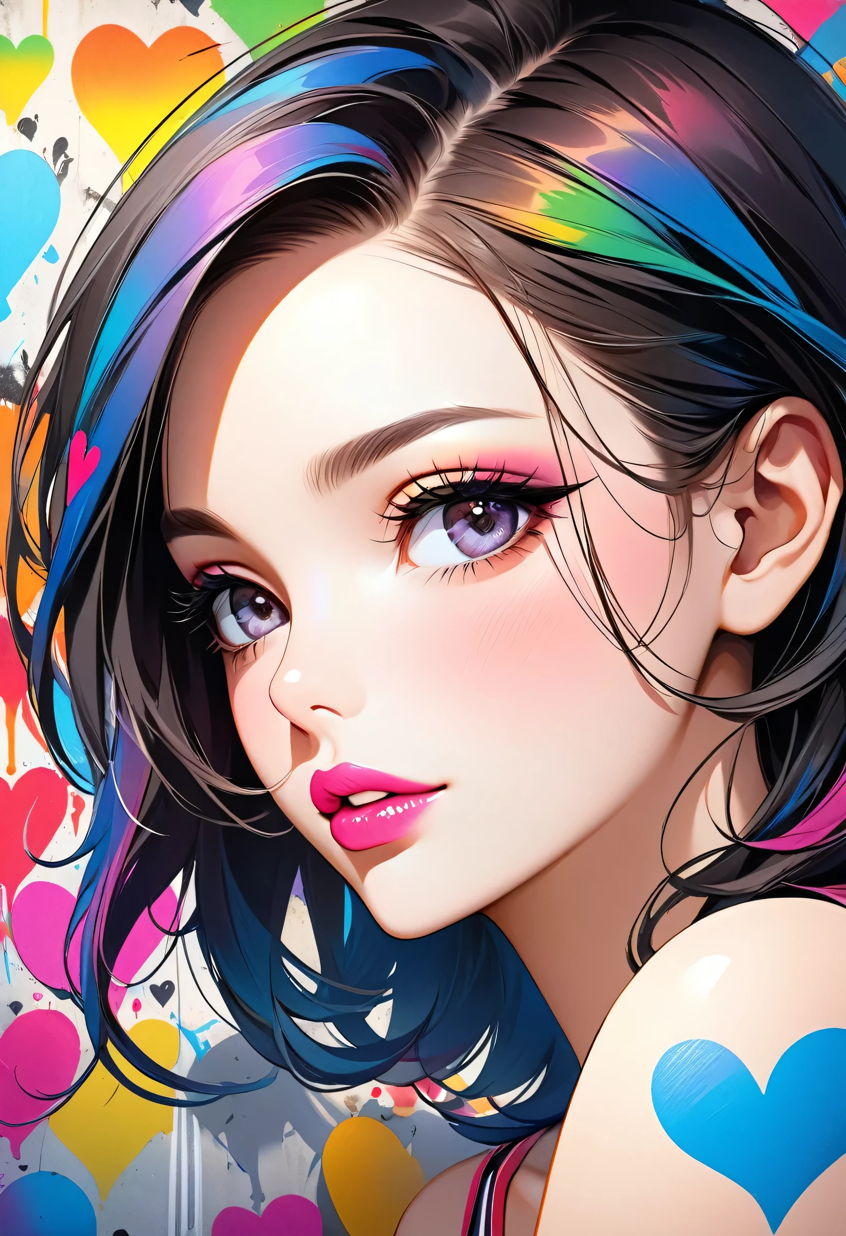 Ultra-realism Micho colorful style, Simple Line Initialism,Abstract art,(((The most beautiful girl of all time))), Sweet face. Lips in love, colorful hearts, stylish design, Summer beach fashion, Dark Eyes, Graffiti on the wall