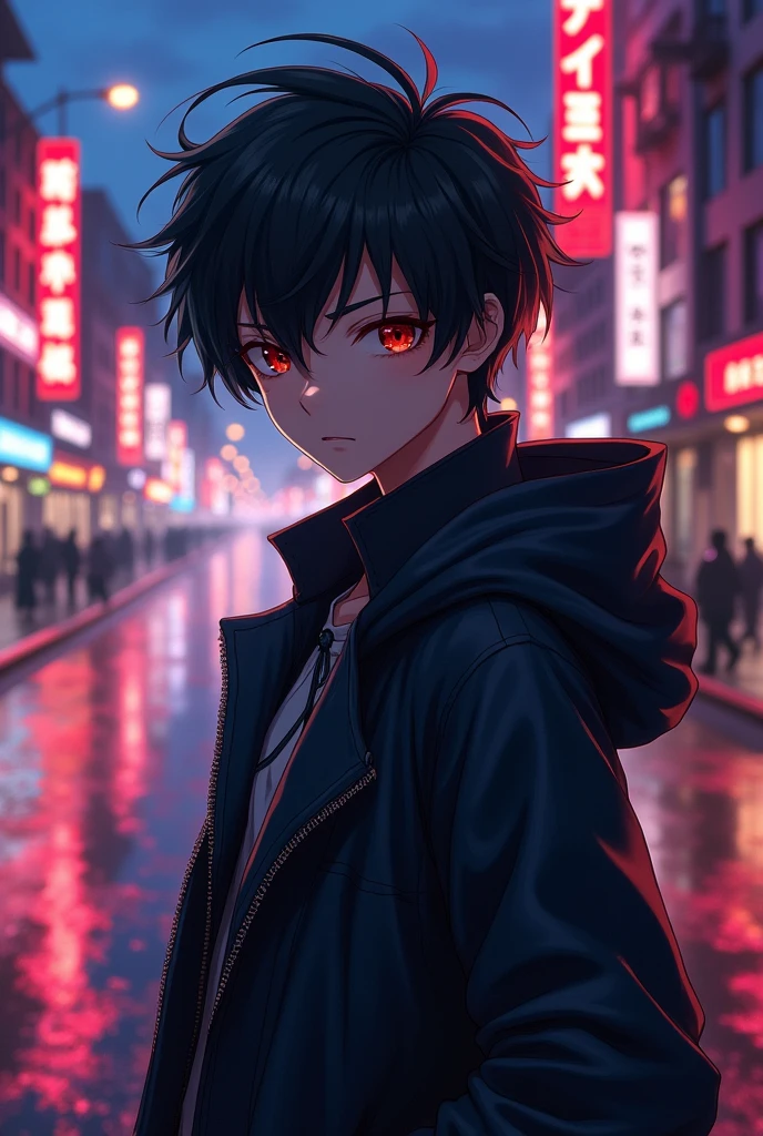 anime pictures,young man,black hair,Blood red eyes,wear a jacket