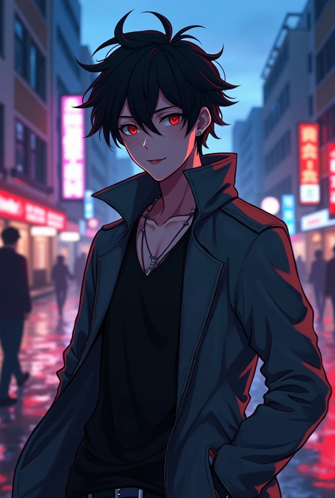 anime pictures,young man,black hair,Blood red eyes,wear a jacket