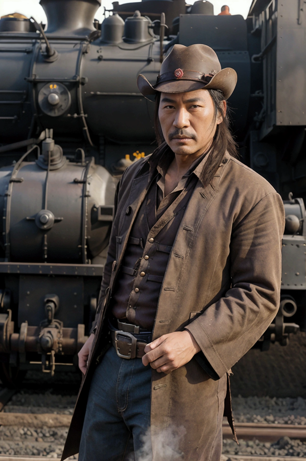 "A mature Oda Nobunaga as a cowboy leader in the 1800s American West, directing the construction of a transcontinental railway. He holds a map and wears a mix of samurai armor and western clothing. Workers are building a railway with a steam locomotive in the background, surrounded by vast landscapes and western-style buildings."