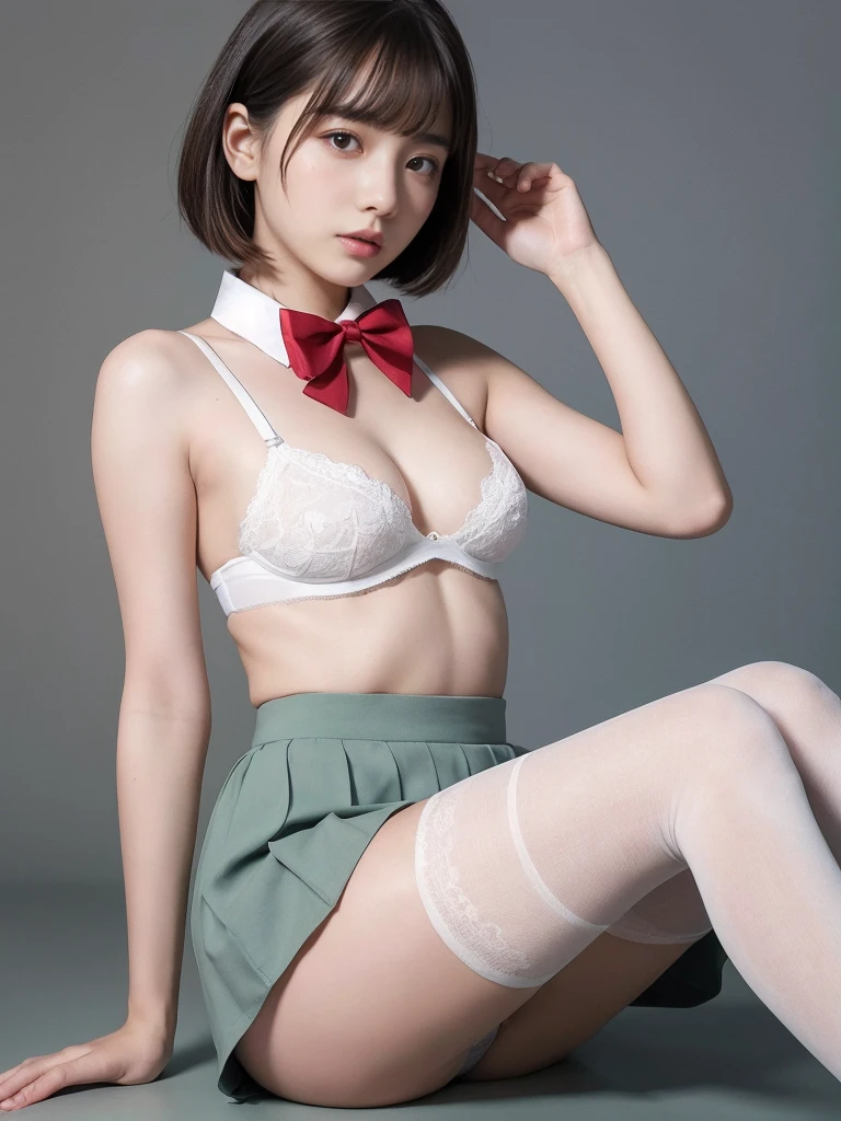 High resolution、high resolution、in 8K、Real Live Action、RAW Photosgraphy、Highest quality、masterpiece、Tabletop、erotic、、studee bra,White skin,knees、(Skin-colored pantyhose)、Detailed Panty Pattern、Panty Focus、White lace panties、absurdists,Small Face、Part your bangs down the middle、The forehead is visible,(Cold look<Squinting my eyes,Glare,strong,Light anger)、masterpiece,Highest quality、超High resolution,RAW Photos,Only,Beautiful poop,one person, one person,Dark look,Small breasts,whole body、very nice、JK Uniform,（Photorealistic：1.37）、Photon Mapping,Light blue ribbon,Realistic、Cute Face,Brown eye、12 years、(Ree)、Physics-based only dulling、prospect、Depth of written boundary、Blurred Background、picture,US、body,Beautiful feet, Long legs, Thin legs,Bobcut,(I can see the bangs), Lips, green_eye, Nose Soft,(open-necked white shirt), (Navy Pleated Skirt(Pull up your skirt、White panties are visible), I can see the knees,See-through clothing,Cute Japan、Sparkling eyes、Glossy Lips、Dynamic Pose,Short white socks、Showing the dirty sole of a foot raised in the air.