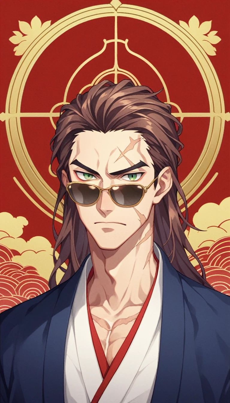 Anime Style, Yakuza, Japan Mafia, Scars on the face, Quietly angry, wild, Middle-aged man, Reddish brown hair, Green Eyes, Sharp Eyes, Frowning, Medium Long Hair, Calm. wise, Staggered sunglasses, Kimono with black fabric and gold embroidery, Japanese pattern background, Worldview of the Underworld, Surrealism, Expressionism, Anime Style, Cast a Shadow, Up to the waist, Film Grain, Vignetting, silhouette, 1080P, Anatomically correct