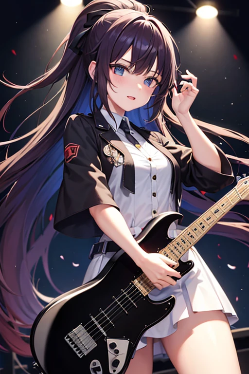 Girl with long hair performs on stage holding electric guitar
