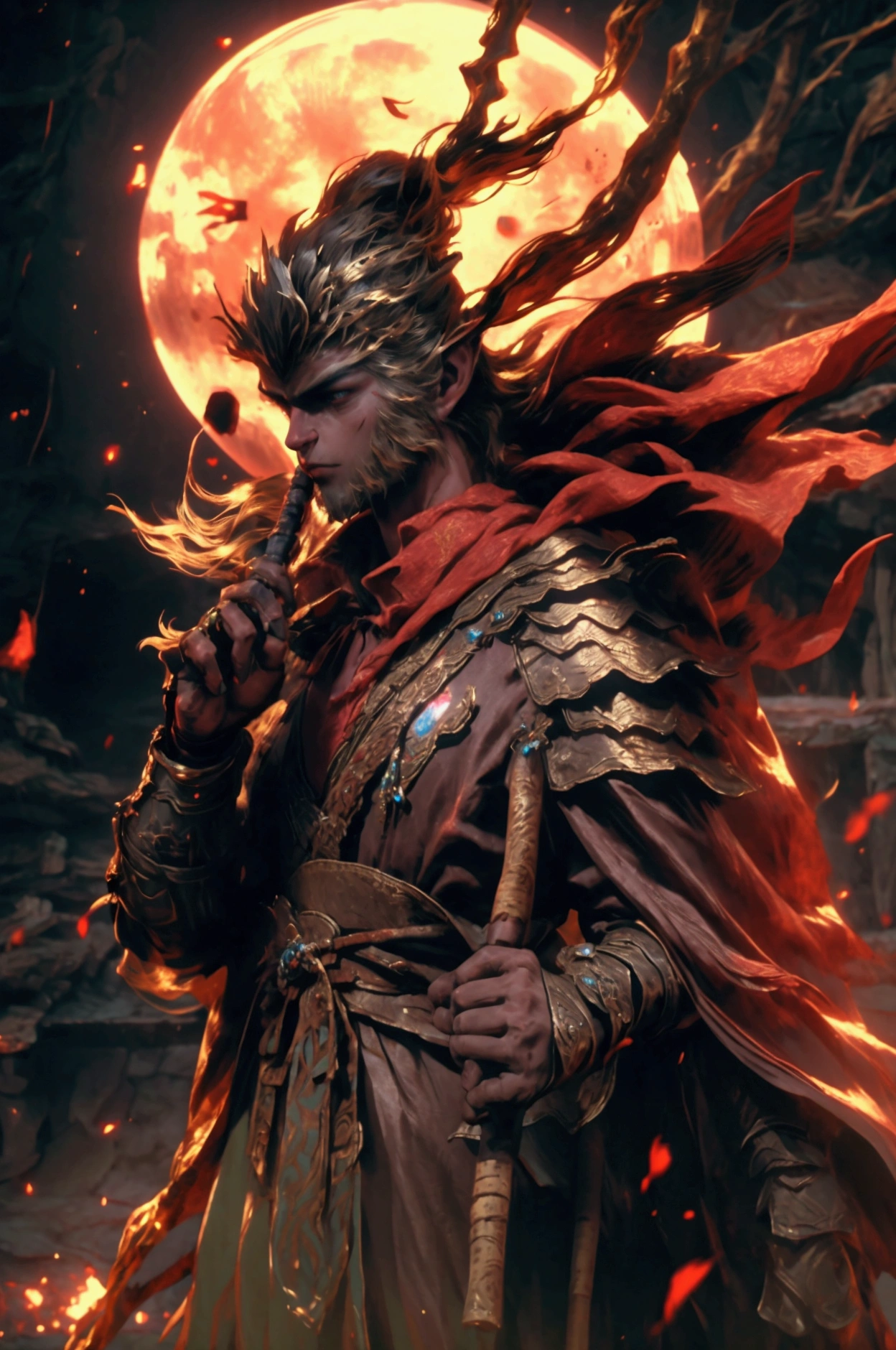 Sun Wukong bard, 3D style face, fierce eyes, holding a golden and red long stick in his hand, wearing Chinese ancient costume armor, epic scene, dark fantasy style, holographic light and shadow, holographic halo, rich background, photo realistic photo, Hyperrealistic, Effects Rich, 3D Art, OC Renderer Rendering, Extremely Fine Detail, Detailed Description, Unreal Engine, Front View, Full Body Shot, Natural Light, Good Viewing angle, 8K, Realistic Details, Ultra HD