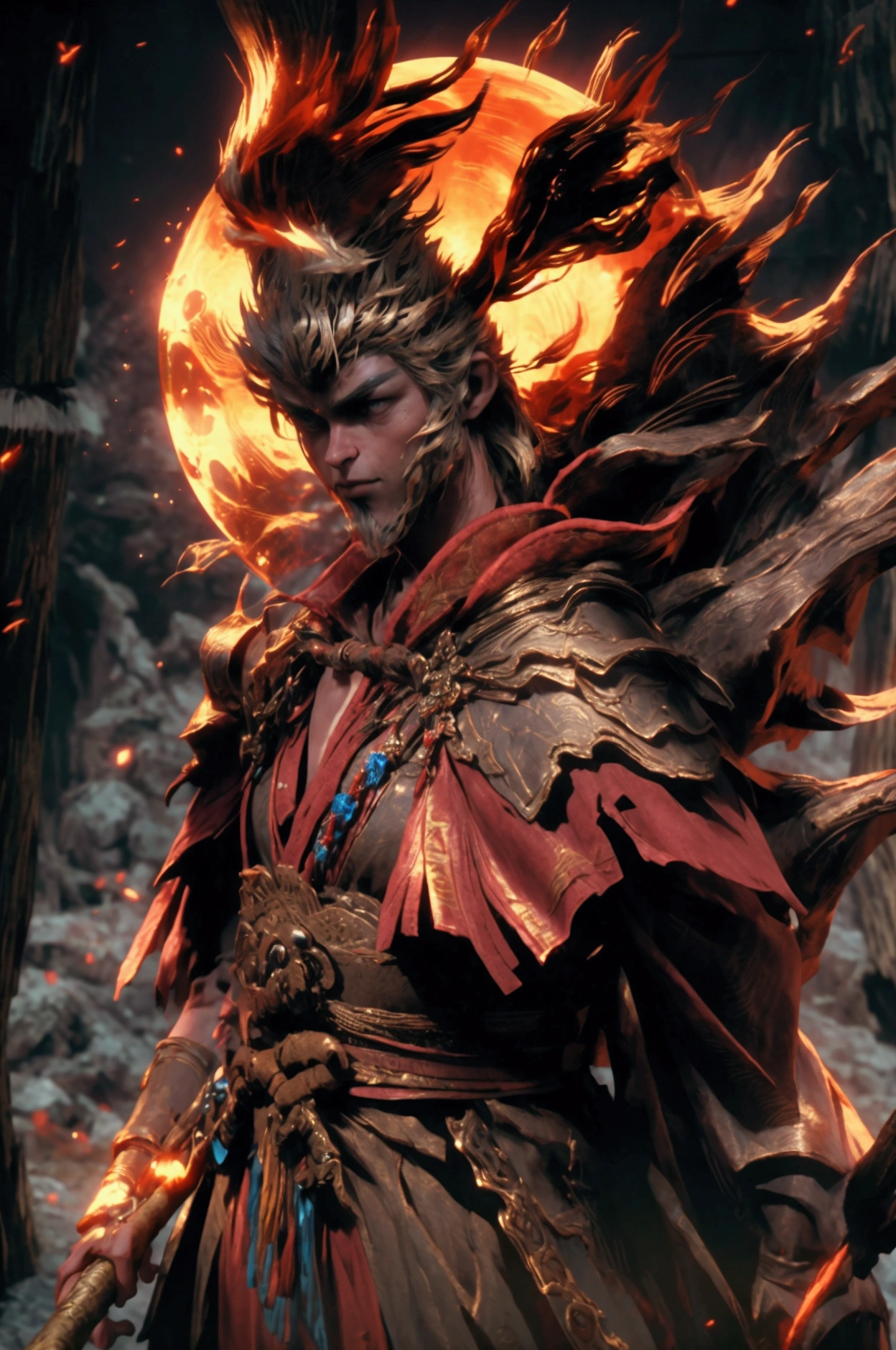 Sun Wukong bard, 3D style face, fierce eyes, holding a golden and red long stick in his hand, wearing Chinese ancient costume armor, epic scene, dark fantasy style, holographic light and shadow, holographic halo, rich background, photo realistic photo, Hyperrealistic, Effects Rich, 3D Art, OC Renderer Rendering, Extremely Fine Detail, Detailed Description, Unreal Engine, Front View, Full Body Shot, Natural Light, Good Viewing angle, 8K, Realistic Details, Ultra HD