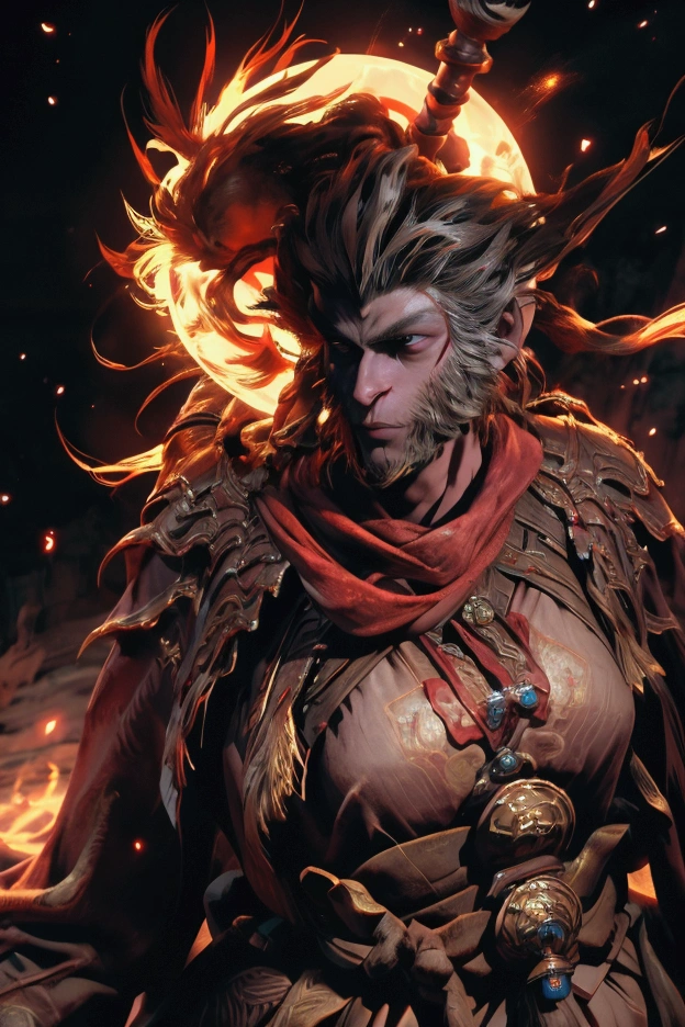 Sun Wukong bard, 3D style face, fierce eyes, holding a golden and red long stick in his hand, wearing Chinese ancient costume armor, epic scene, dark fantasy style, holographic light and shadow, holographic halo, rich background, photo realistic photo, Hyperrealistic, Effects Rich, 3D Art, OC Renderer Rendering, Extremely Fine Detail, Detailed Description, Unreal Engine, Front View, Full Body Shot, Natural Light, Good Viewing angle, 8K, Realistic Details, Ultra HD