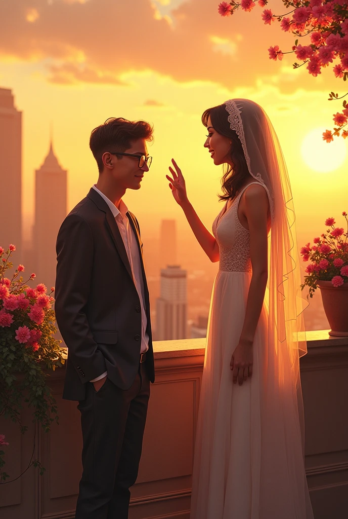 make me a picture of a veiled woman with glasses on top of a building waving to a man below the building. make it romantic