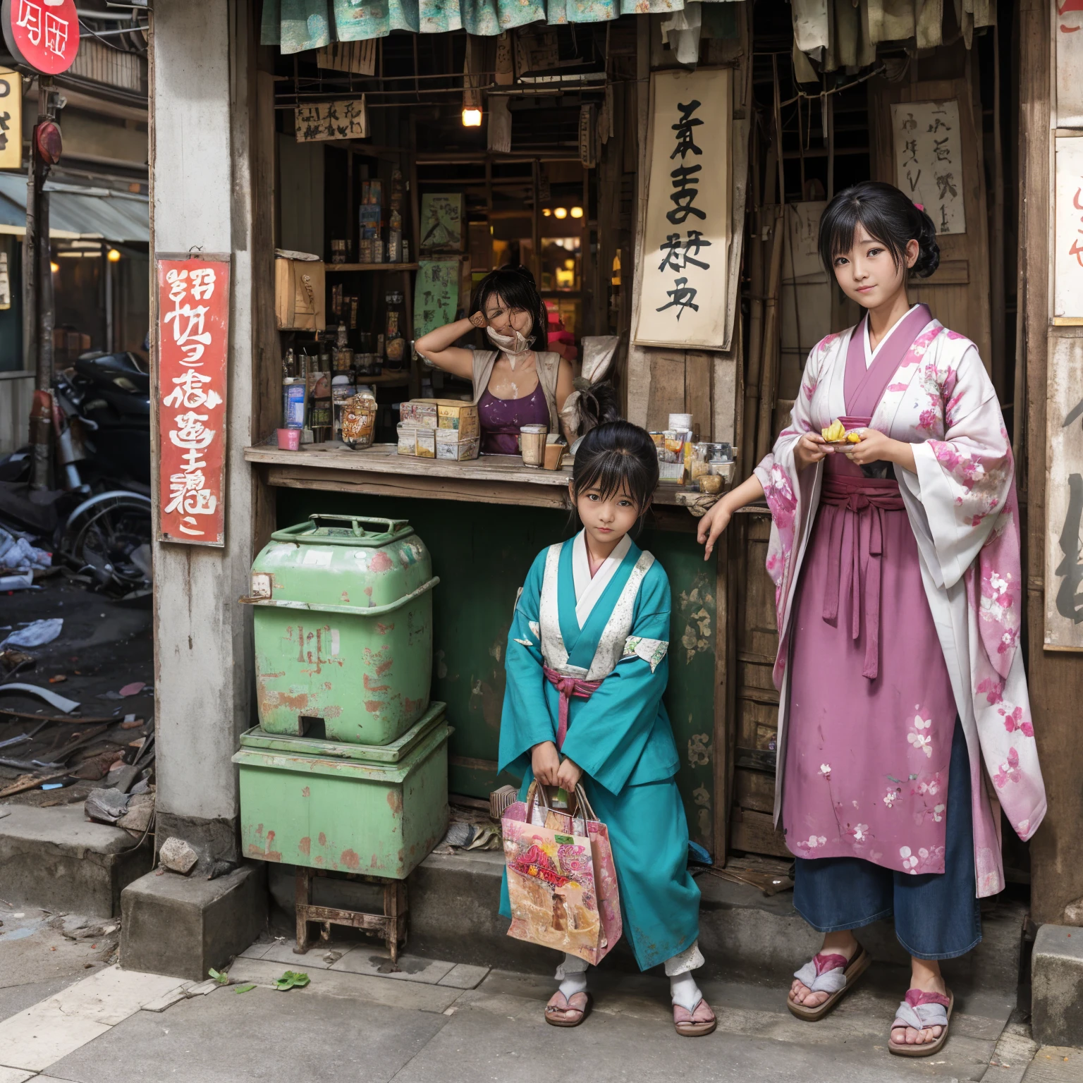 
((masterpiece、Highest quality))、Beautiful girls gather.、Three girls in summer clothes、clothes、(Showa Retro:1.2)、(Detailed and cute face:1.3)、(Poor conditions、Japan's poor neighborhoods、Dim and unsanitary、Standing Bar、みんなで楽しくdiet、Crumbling shopping mall)、屋台のdiet店、stage、sewage、Dirty shop、street vendors、Unsanitary and abandoned city、smile、diet、Poor person々