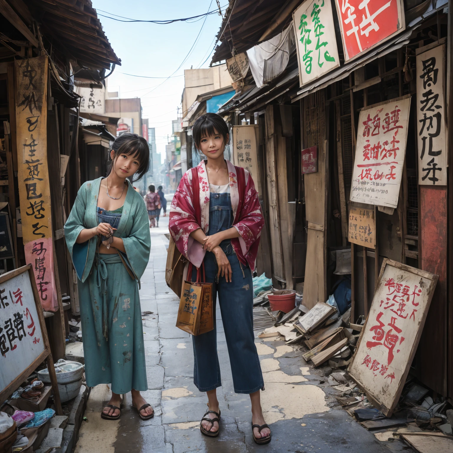 ((masterpiece、Highest quality))、Beautiful girls gather.、Three girls in summer clothes、clothes、(Showa Retro:1.2)、(Detailed and cute face:1.3)、(Poor conditions、Japan's poor neighborhoods、Dim and unsanitary、Standing Bar、みんなで楽しくdiet、Crumbling shopping mall)、屋台のdiet店、stage、sewage、Dirty shop、street vendors、Unsanitary and abandoned city、smile、diet、Poor person々