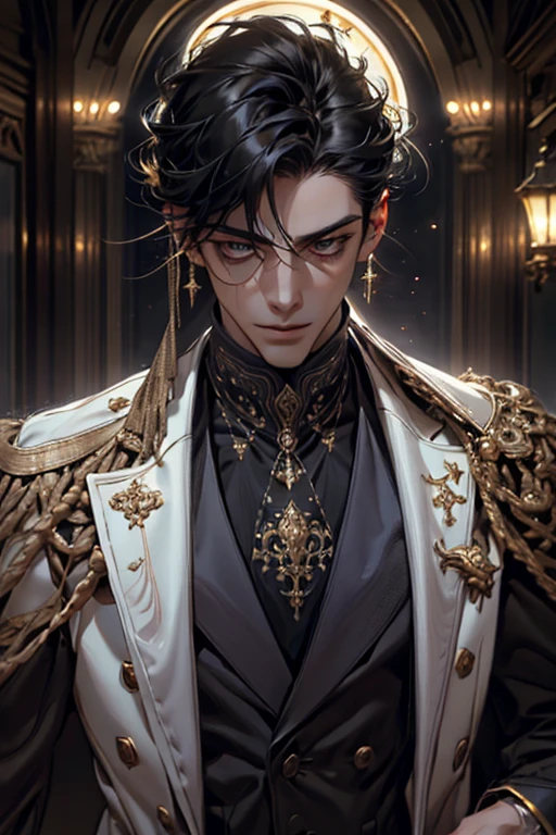 lamplight, Close-up cleavage, Handsome men, gold eyes, (Detailed eyes, The eyes are bright:1.2), Medium long black hair, pale-skinned, ear piercings, medium skin, dark blue coat, Meticulous suit, gold accessories on clothes, dark blue ties (perfect anatomia:1.2), Highqualityshadow, natural lightting, (White highlights:1.2),overcast day, (starrysky:1.2)