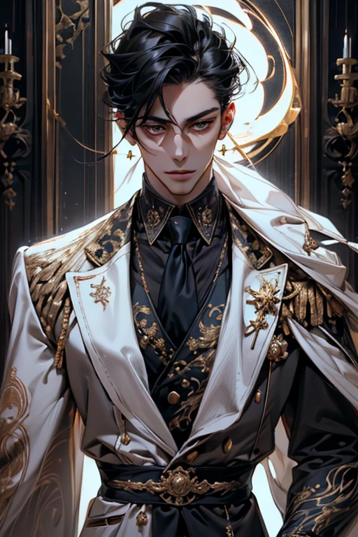 lamplight, Close-up cleavage, Handsome men, gold eyes, (Detailed eyes, The eyes are bright:1.2), Medium long black hair, pale-skinned, ear piercings, medium skin, dark blue coat, Meticulous suit, gold accessories on clothes, dark blue ties (perfect anatomia:1.2), Highqualityshadow, natural  lightting, (White highlights:1.2),overcast day, (starrysky:1.2)
