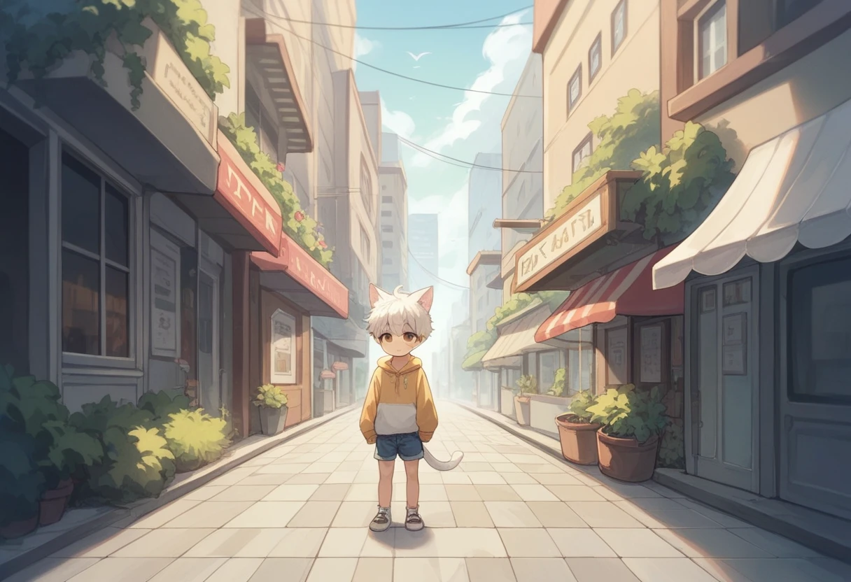 A man with pure white hair and a height of about 155cm Short Hair Has white cat ears and a tail Pure white cat ears Straight cat tail Brown eyes Round and pretty eyes Shota cute She is wearing an oversized pastel colored hoodie and denim shorts. Standing on the sidewalk Background of the cityscape(A delicate landscape) High resolution