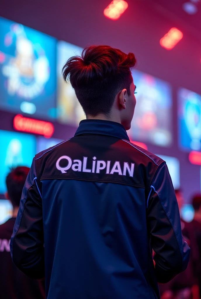 A young man gamer wearing esports jacket with a name of "QaLipian" at the back
