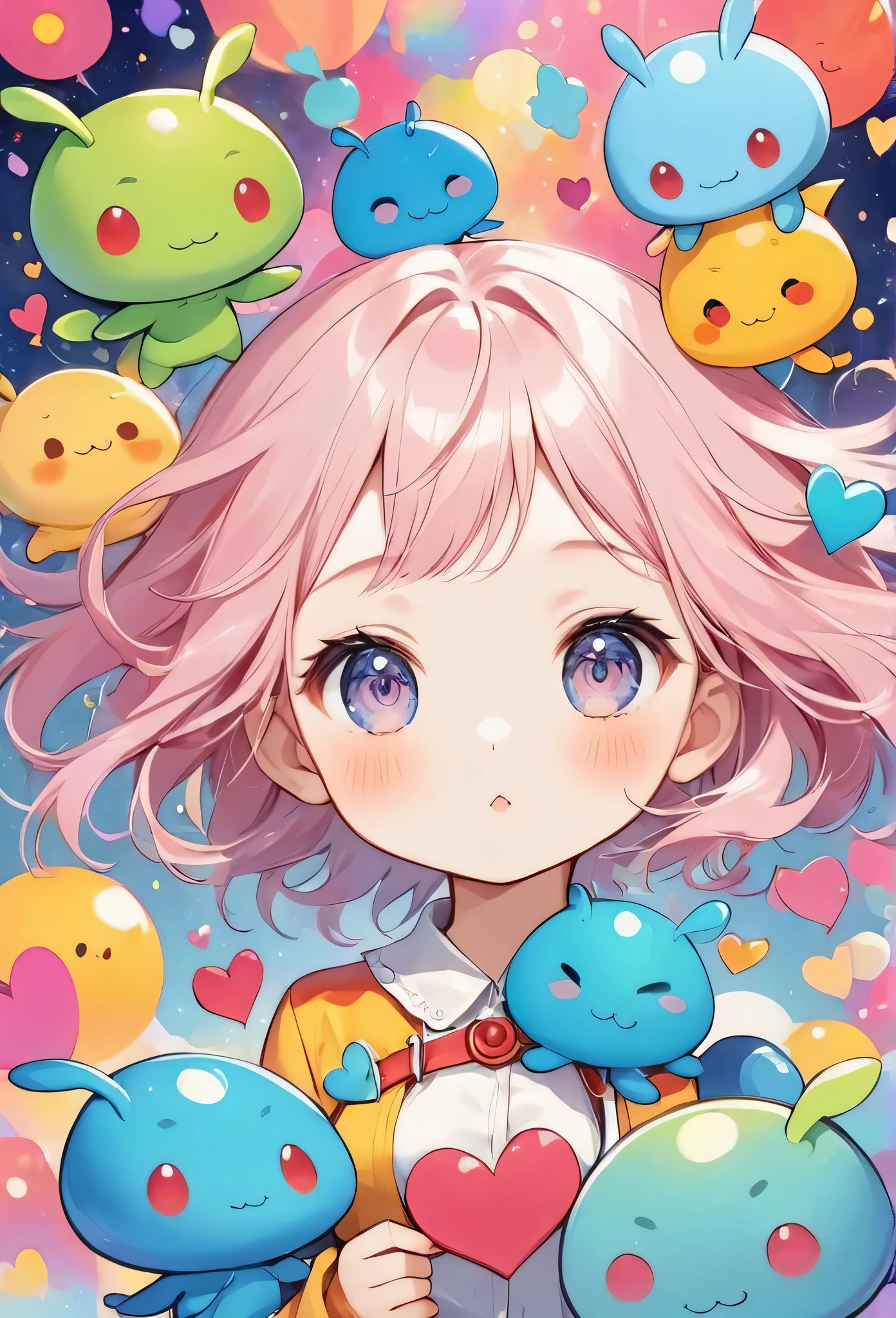 Mika Pikazo colorfull style, Simple Line Initialism,Abstract art,(((The most beautiful girl of all time))), (((chibi))), Sweet face. colorful hearts, funny design, (((bosom buddy ))), (((Cute Aliens))), The background is space