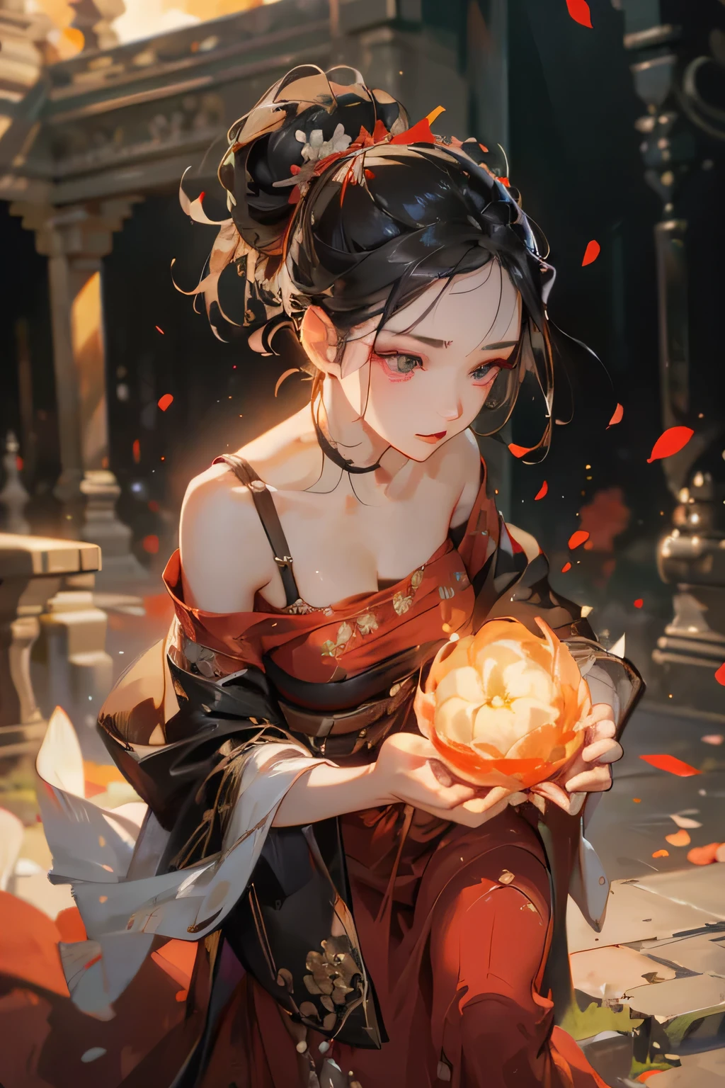 Best quality, masterpiece, ultra high res, (photorealistic:1.4), raw photo, 1mature woman, red dress, off shoulder, black eyes, blossom flower field, glowing skin, big black bun hair, cold face, dancing, accurate, detailed hand, detailed eyes, detailed face, detailed body, javanese style, prambanan temple