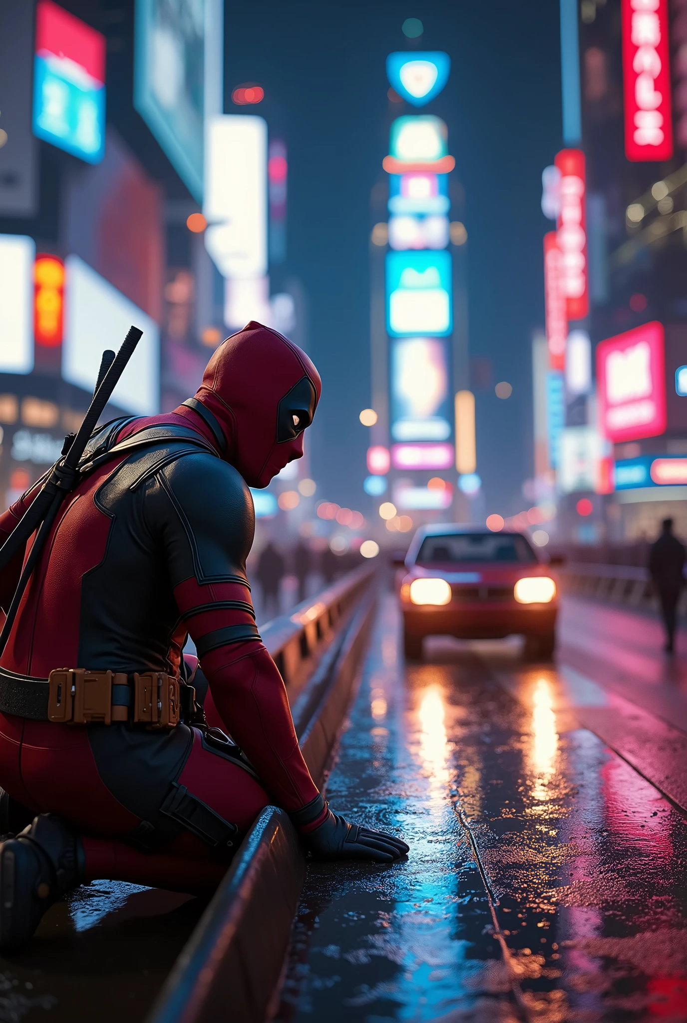 (photorealism:1.2), deadpool ducking at the civic rooftop, thecar run so fastly, at nights so many colored streetlights, at the cowded city