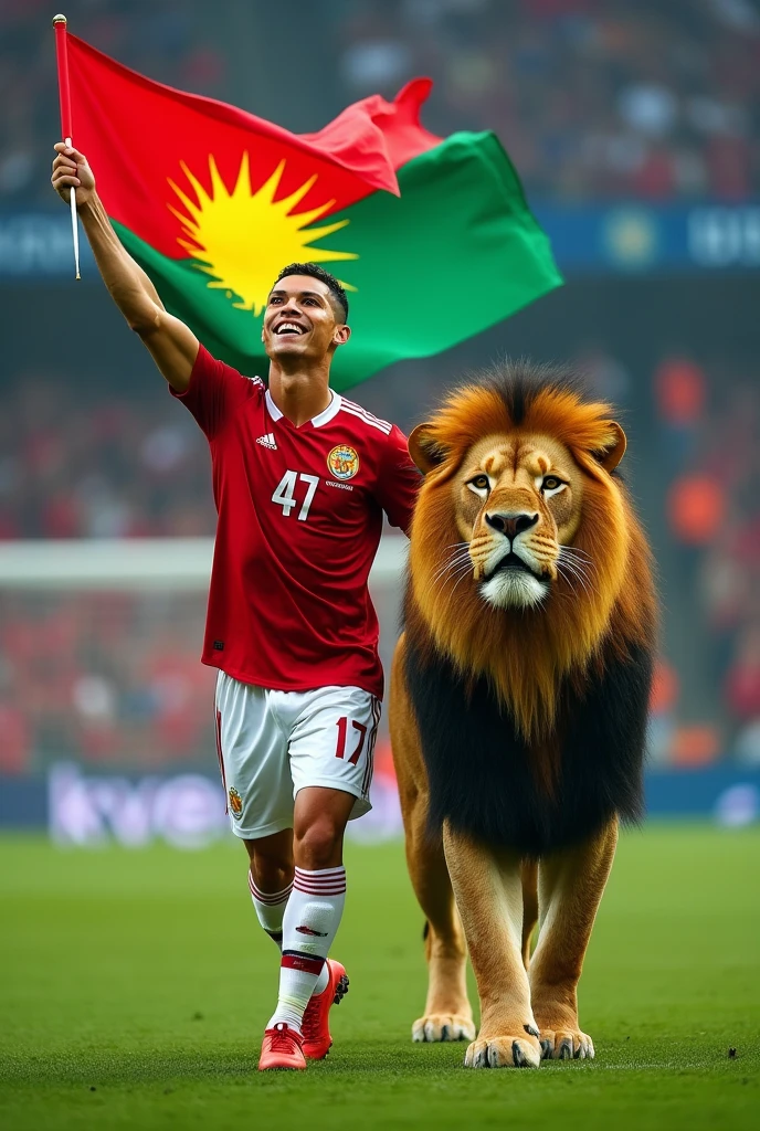 draw a picture that includes footballer Cristiano Ronaldo and a lion with colour of red, yellow and green. Kurdistan Federal Govermant's flag will be on hands of Ronaldo. Ronaldo's number will be 47.