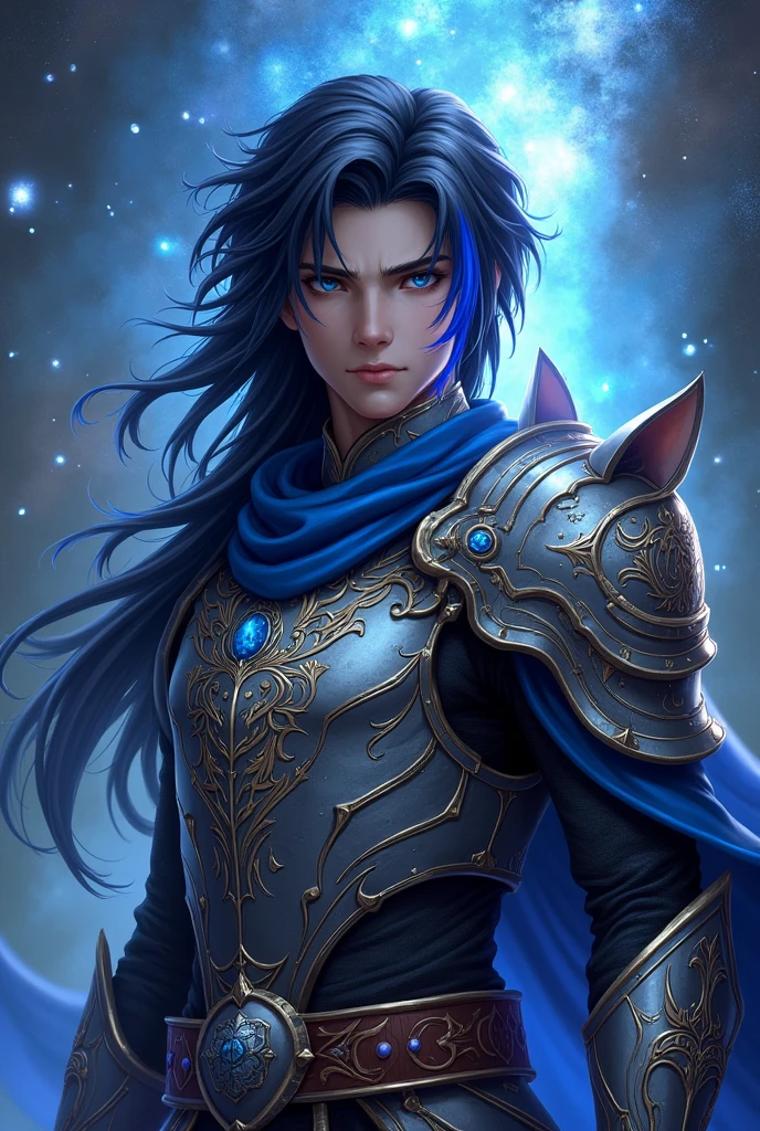 put the name: (The Eminent Divine Spirit), written in the drawing, as if it were a book cover. Create a character, AGE HUMAN MALE WITH ARMOR WITH WOLF DESIGNS on the armor with traces of the drawing in JAPANESE ANIME style. put the name: (The Eminent Divine Spirit), written in the drawing, as if it were a book cover. IN a cosmic environment, long black hair with a cobalt blue streak in one hair, cobalt blue eyes. put the name: (The Eminent Divine Spirit), written in the drawing, as if it were a book cover.