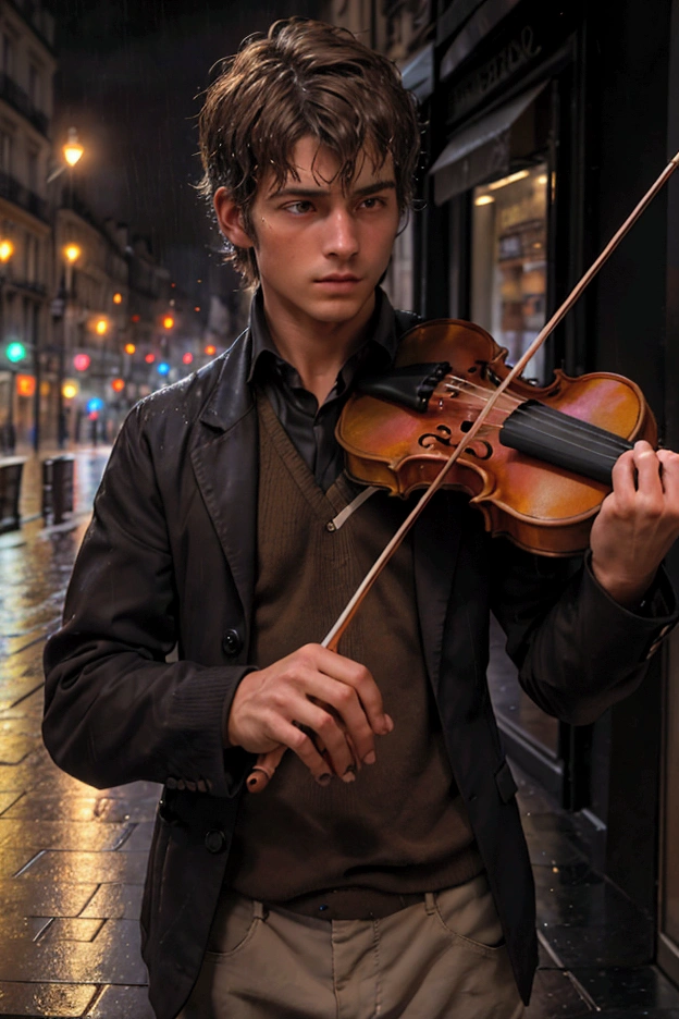 Top Quality, Masterpiece, Ultra High Resolution, close-up photo of a MAN on the street, playing violin on the night with pour rain, intricate detailes, has short, messy dark brown hair, amber-colored eyes, typical clothing like a street busker in Paris, France.