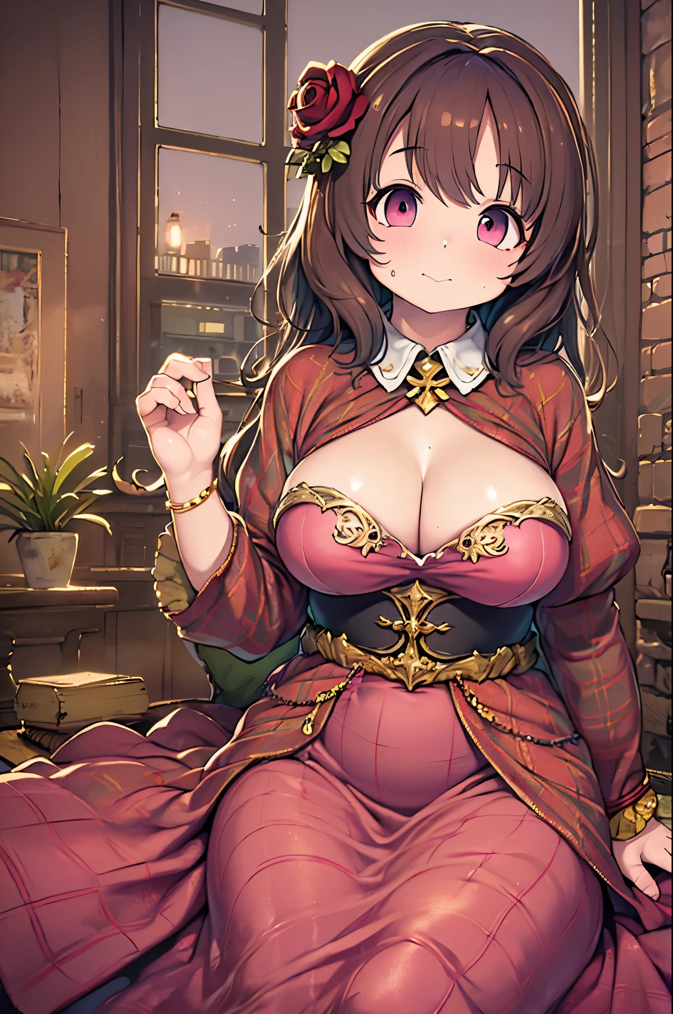 Detailed Background, Tabletop, Highest quality, 1 person , Curly Hair, Long Hair, Purple eyes, Stars in my eyes , Strapless blouse, Long skirt、Big Breasts、Dozen Rose、A rose flower