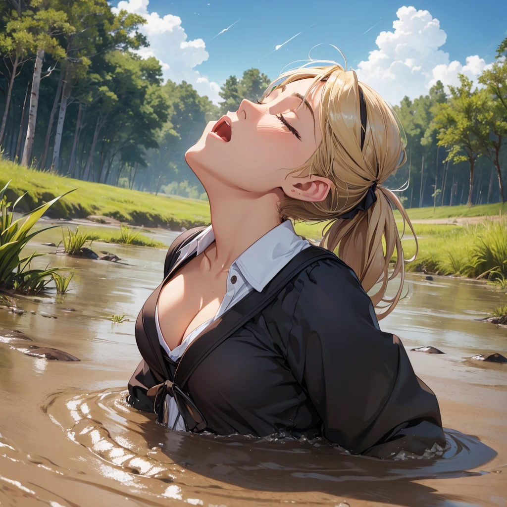 1girl, solo:1.5, masterpiece, best quality, high res, highly detailed, (illustration), beautiful detailed eyes, yuigahama yui, blonde hair ponytail, glossy lips, light makeup, orgasm, (looking up to the sky:1.5), (mouth open:1.2), intimate moment, school shirt, cleavage, (quicksand:1.4), (from side:1.4), bog, swamp, grass, trees, (eyes closed:1.3), gasping expression,