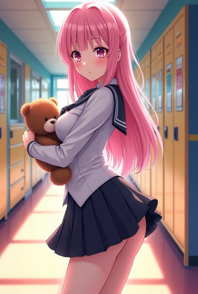 An anime girl with a  body,She has beautiful pink hair,Wear schoolgirl uniform,Create a seductive pose,Still holding a teddy bear in hand