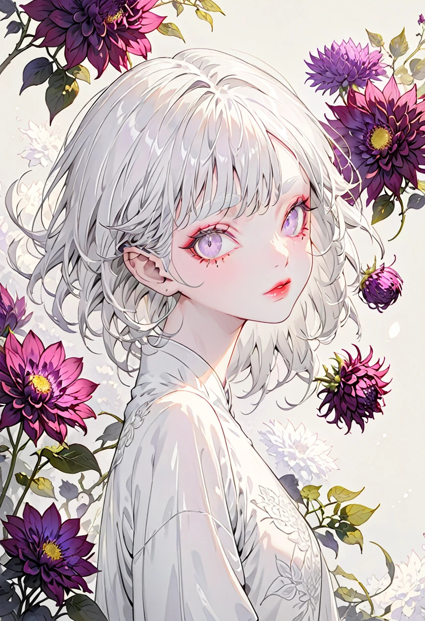 The background is purple dahlias，(Highest quality,Very detailed,High resolution:1.2),Slim albino girl，Very short white hair,gray bangs，very_long white eyelashes, White eyebrows, White skin，Detailed lips, Cool look, Soft Skin, Shiny Hair,Exquisite makeup,Portrait